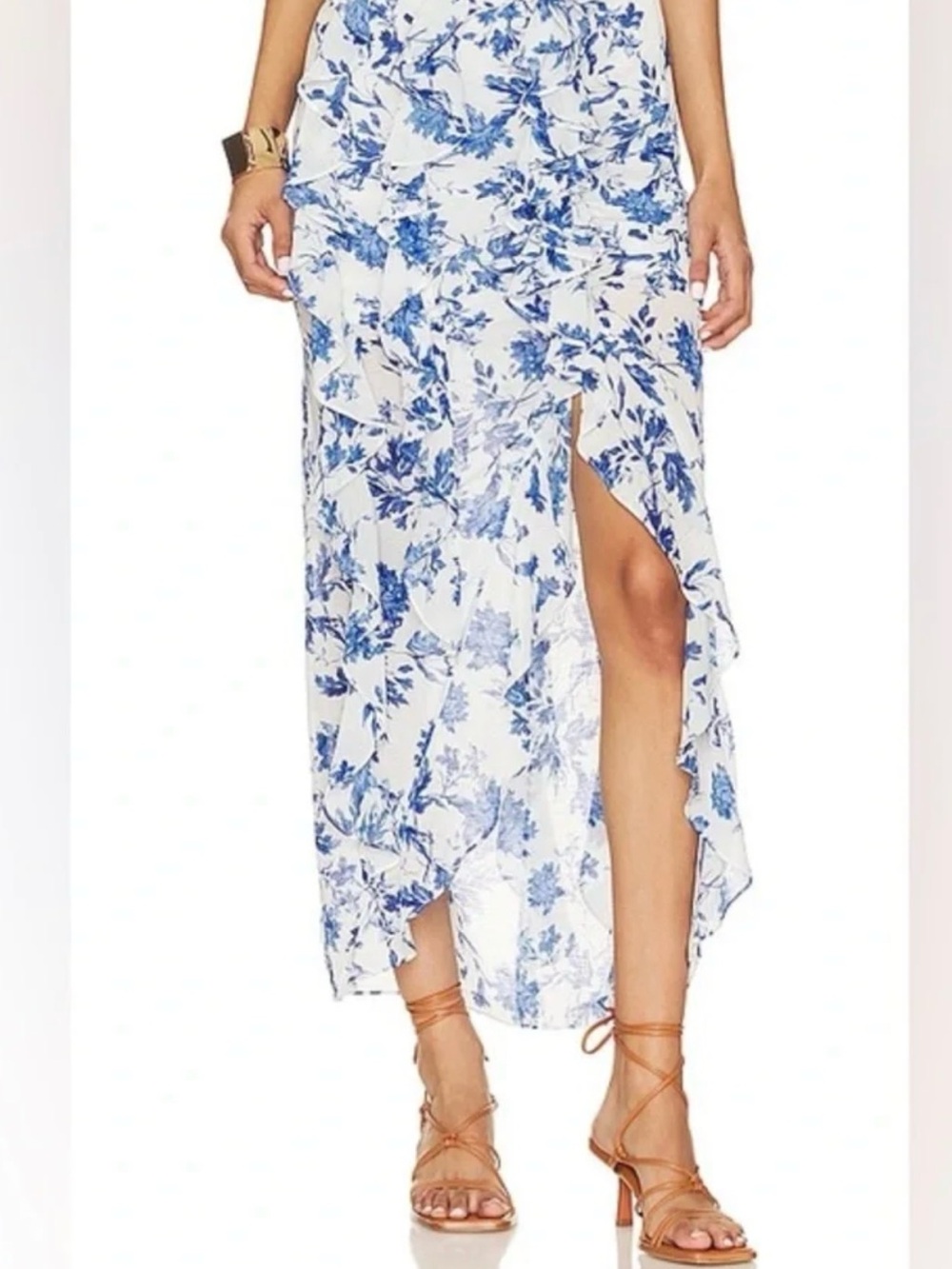 Free People White & Blue Floral Ruffle  Maxi Skirt with slit
